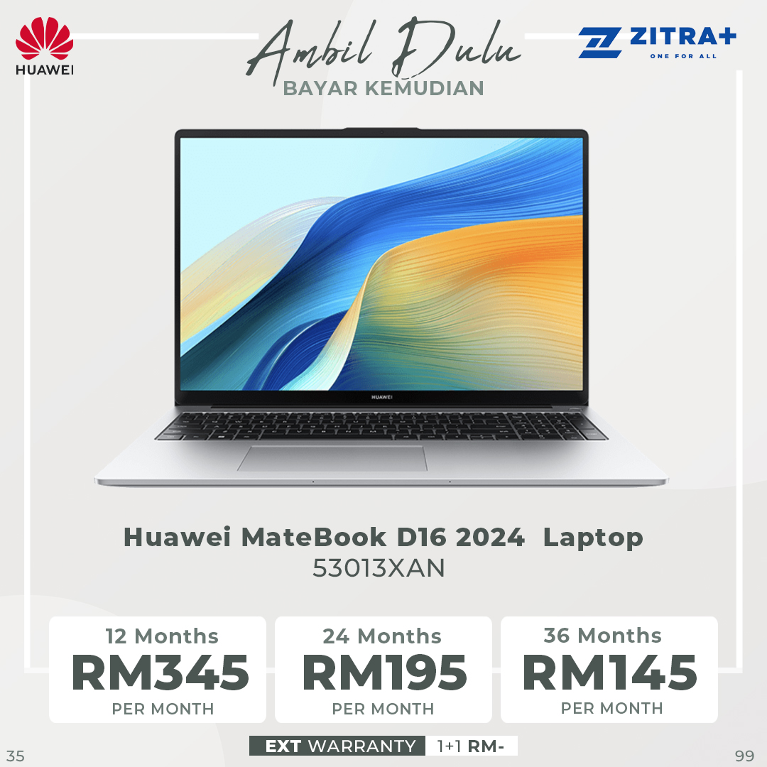 Huawei MateBook D16 2024  Laptop 53013XAN | 16" Eye Comfort HUAWEI FullView Display | Numeric Keypad | High Performance Intel | 1  Year General Warranty