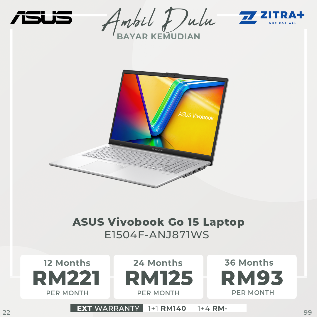 ASUS Vivobook Go 15 Laptop E1504F-ANJ871WS | 8GB+512GB SSD | AMD Ryzen 3 7320U Processor 2.4GHz | 15.6-inch