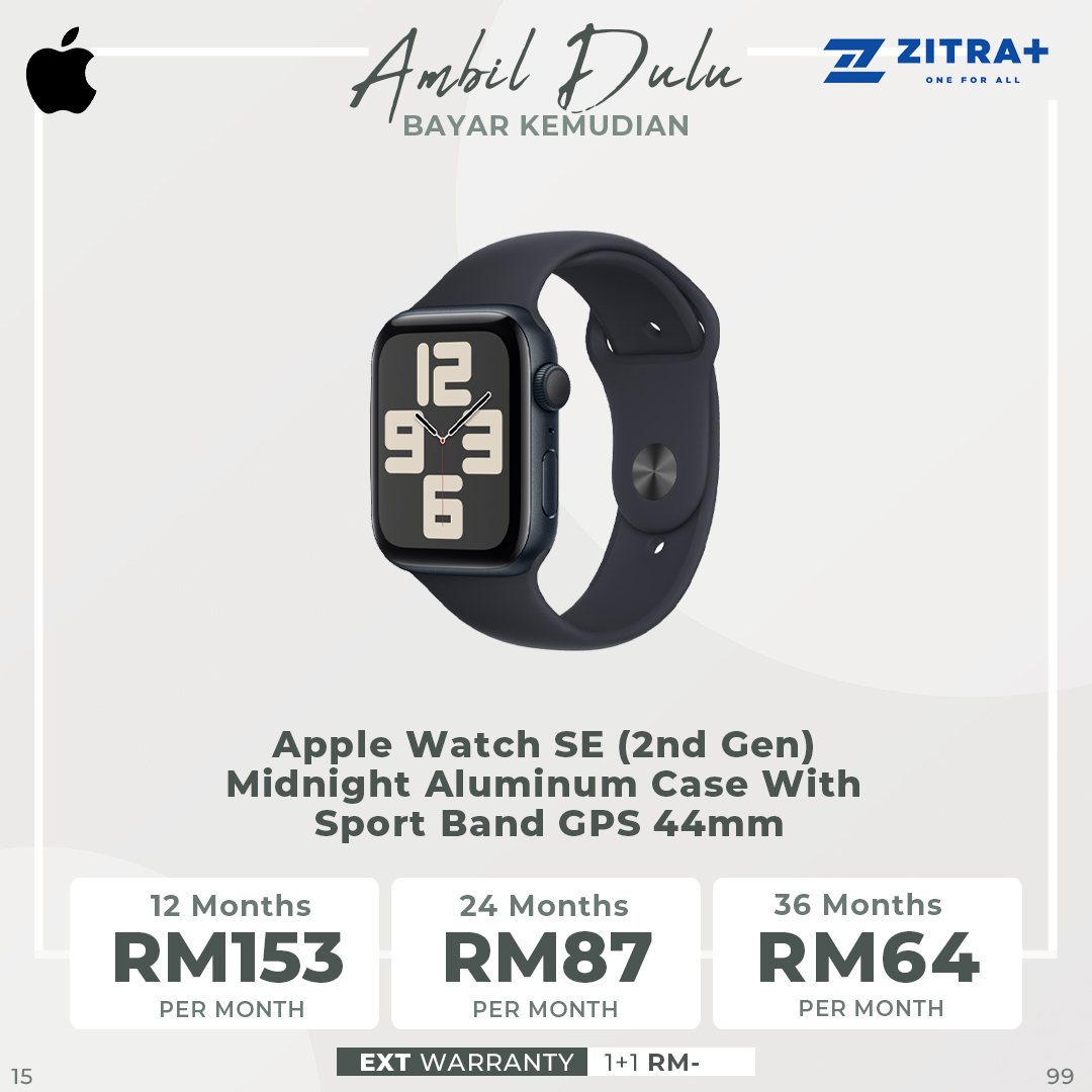 Apple Watch SE (2nd Gen) Midnight Aluminum Case With Sport Band GPS 44mm | Cycle Tracking | Emergency SOS | Water Resistant10 | 1  Year General Warranty