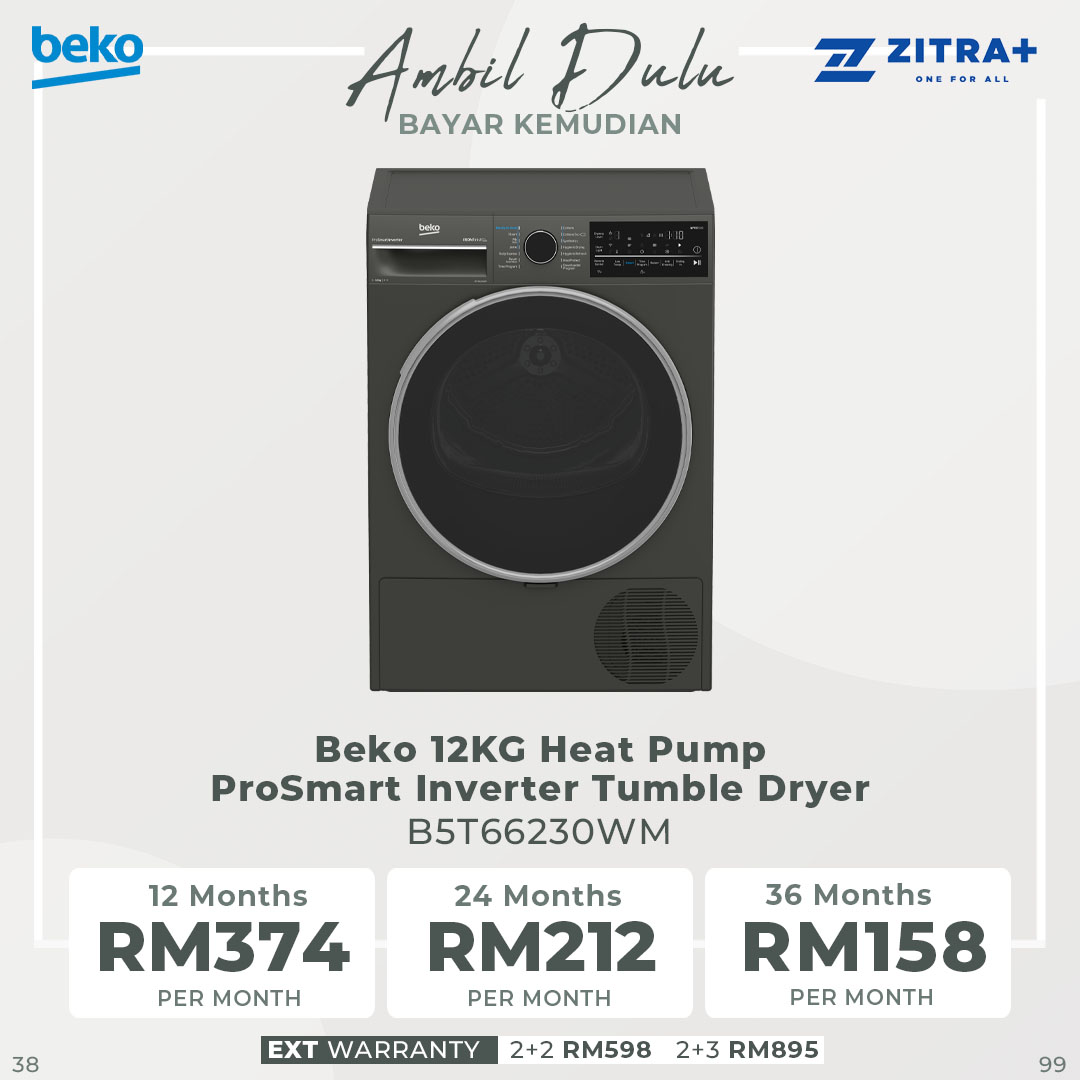 Beko 12KG Heat Pump ProSmart Inverter Tumble Dryer B5T66230WM | AquaWave | EcoGentle | Digital Display | Hygienic Drying | Tumbler Dryer with 2 Year Warranty