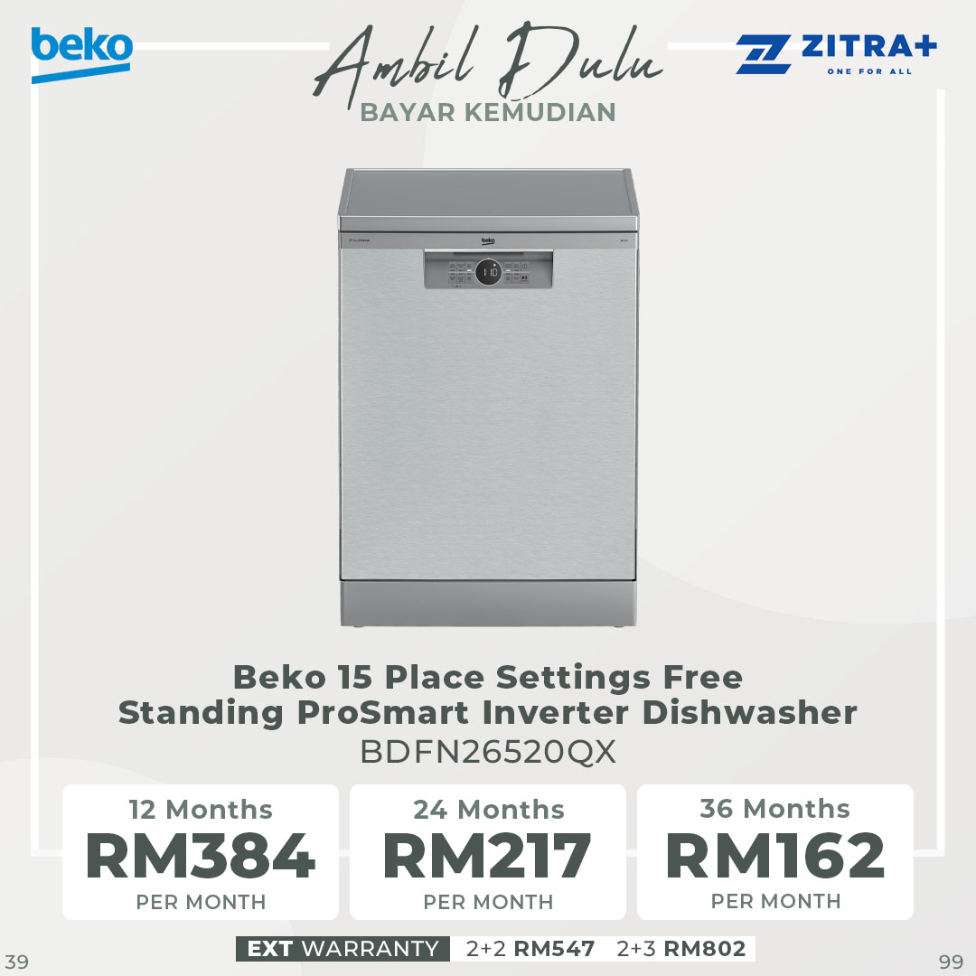 Beko 15 Place Settings Free Standing ProSmart Inverter Dishwasher BDFN26520QX | ProSmart Inverter Motor | 6 Number of Programmes | Sliding Detergent Dispenser | Dish Washer with 2 Year Warranty