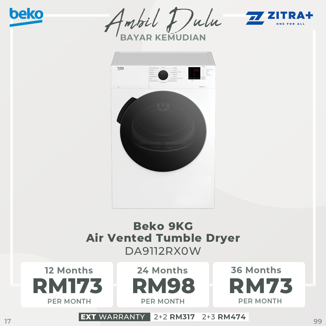 Beko 9KG Air Vented Tumble Dryer DA9112RX0W | AquaWave | OptiSense Sensor Drying | Child Lock | Reverse Drum Action | Dryer with 2 Year Warranty