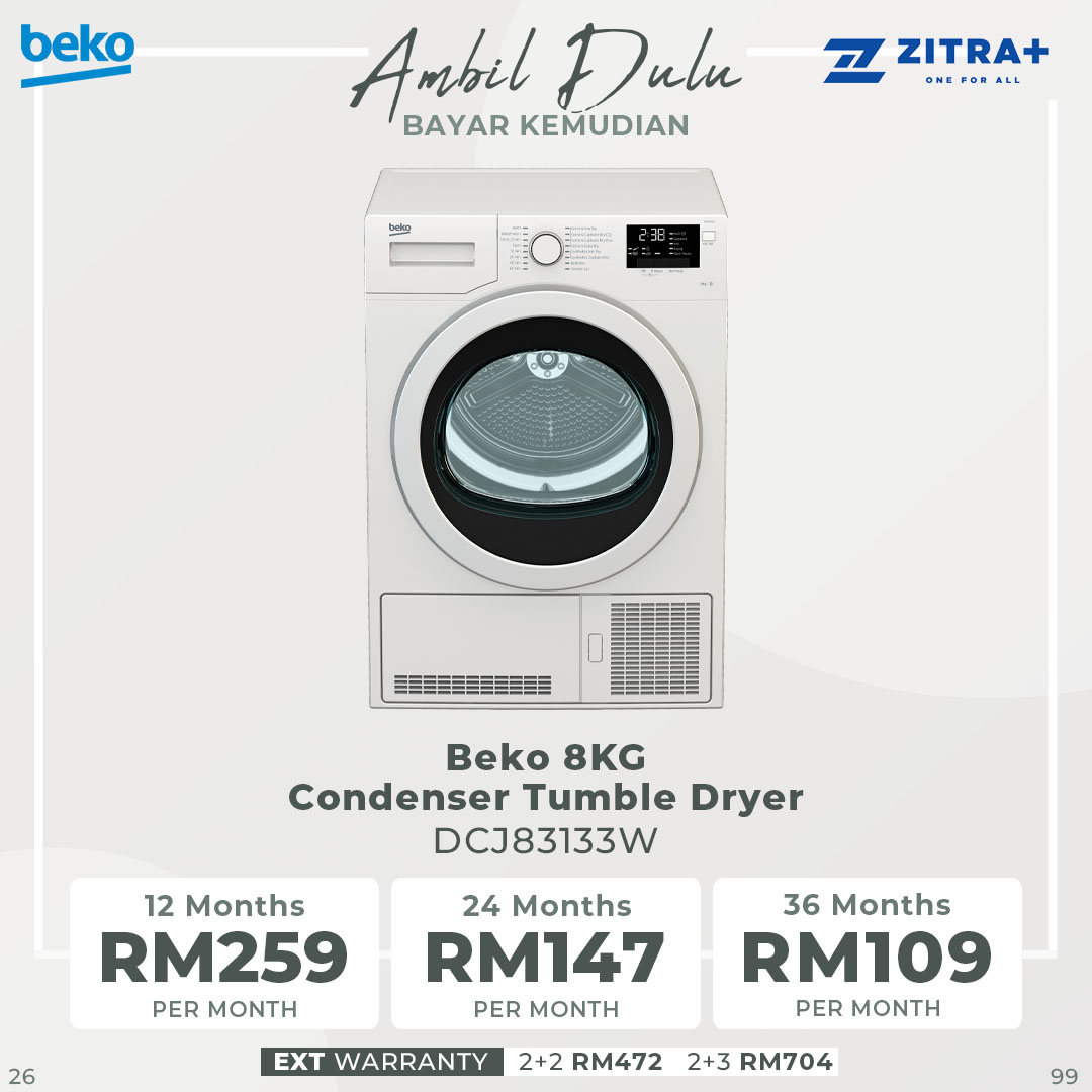 Beko 8KG Condenser Tumble Dryer DCJ83133W | Digital Display | 16 Programmes | Drum Light | Child Lock | OptiSense | Glass Door | Tumble Dryer with 2 Year General & 12 Year Motor Warranty