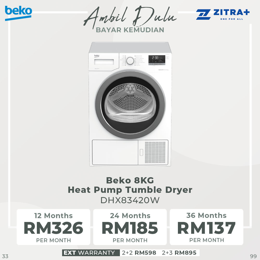 Beko 8KG Tumble Dryer DHX83420W | Child Lock | Digital Display | OptiSense | Reverse Drum Action | AquaWave | Tumble Dryer with 2 Year Warranty
