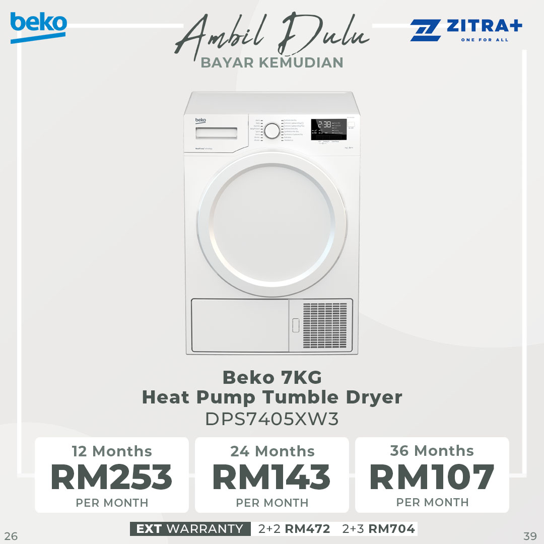 Beko 7KG Heat Pump Tumble Dryer DPS7405XW3 | A++ Energy Efficiency Class | AquaWave Technology | HeatPump Technology | EcoGentle | Tumble Dryer with 2 Years General Warranty & 12 Years Motor Warranty