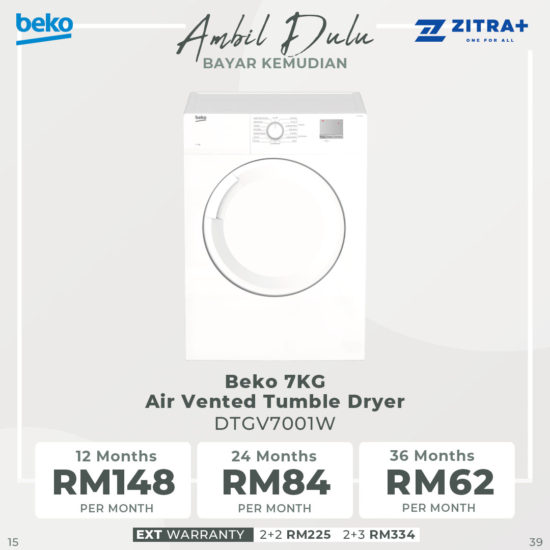 Beko 7KG Tumble Dryer DTGV7001W | Air Vented Drying Technology | Time Delay | 15 Programs Selection | Child Lock | Filter Cleaning Indicator | Tumble Dryer with 2 Years General Warranty & 12 Years Motor Warranty
