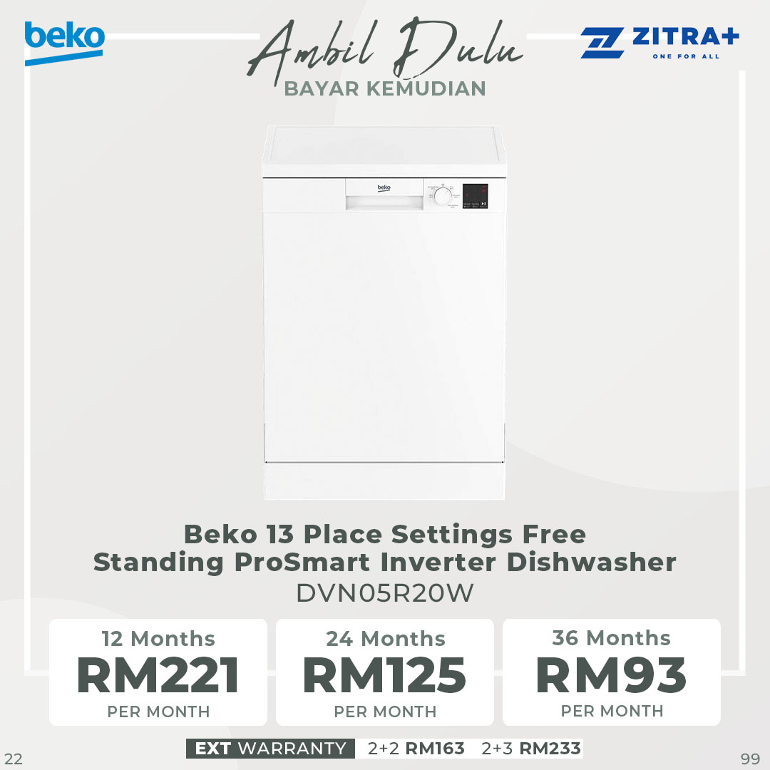 Beko 13 Place Settings Free Standing ProSmart Inverter Dishwasher DVN05R20W | Sliding Cutlery Basket | Sliding Detergent Dispenser | LED Display | Child Lock | Dish Washer with 2 Year Warranty