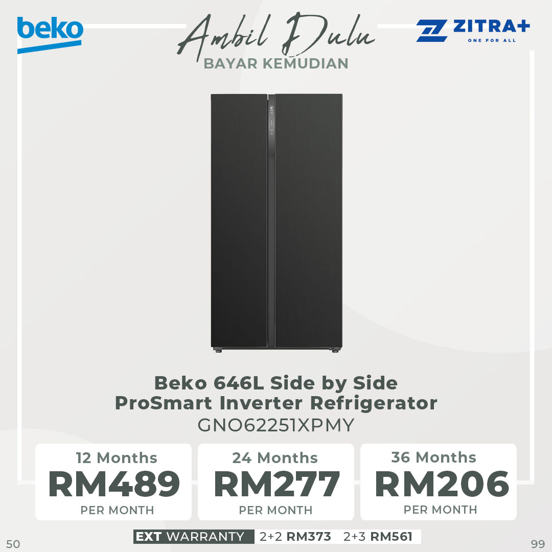 Beko 646L Side by Side ProSmart Inverter Refrigerator GNO62251XPMY | CoolRoom | Led Illumination | Safety Glass | Twist & Serve Ice Cube Tray | Vacation Mode | Eco Function | Refrigerators with 2 Year Warranty
