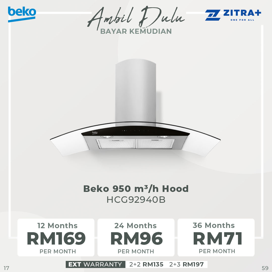 Beko 950m³/h Wall-mounted Designer Hood HCG92940B | 3 Levels of Power Selection | Touch control | Metal Casette Filter | Auto Shut-off | Dishwasher-safe Filters | Hood with 2 Years General Warranty & 12 Years Motor Warranty