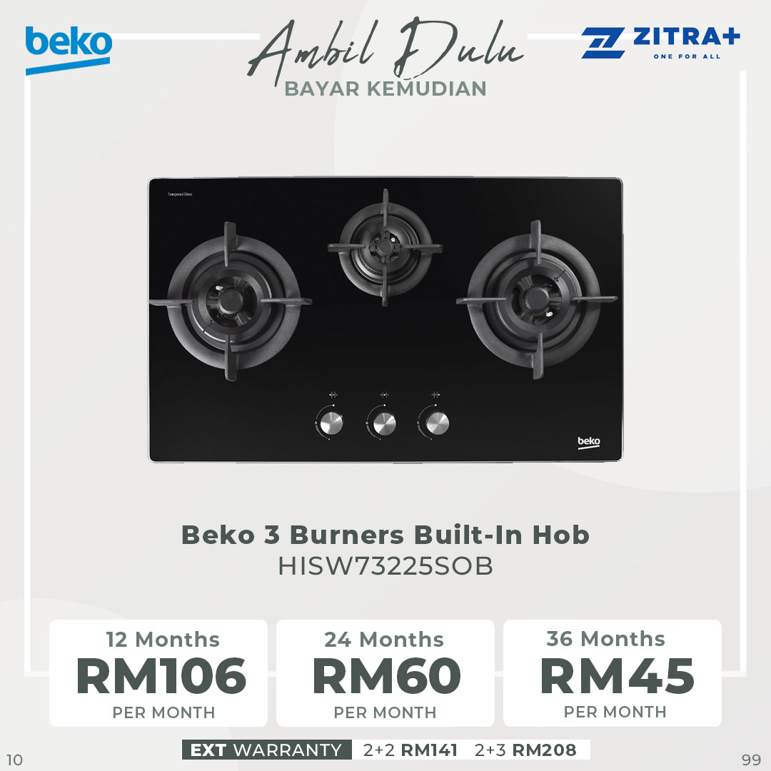 Beko 3 Burners Built-In Hob HISW73225SOB |  Automatic Gas Cut-Off | 2 Wok Burners and 1 Gas Burner | Cast-iron Pan Support | LPG Gas Type | Integrated Ignition | Built-In Hob with 2 Years Warranty