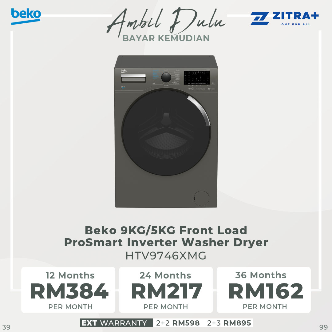 Beko 9KG/5KG Front Load ProSmart Inverter Washer Dryer HTV9746XMG | ProSmart Inverter Motor | 15 Preset Programmes | Hygiene+ Wash & Dry Programme | Washer Dryer with 2 Years General Warranty & 12 Years Motor Warranty