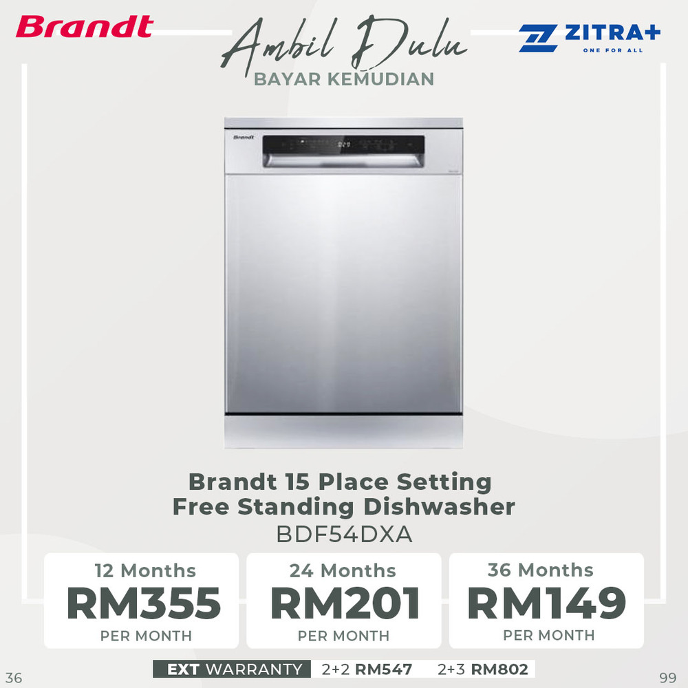 Brandt 12/15 Place Setting Free Standing Dishwasher DWF128DW/BDF54DXA | Hygiene+ | Extra Drying | Up to 24 hours | Dishwasher with 1 Year Warranty