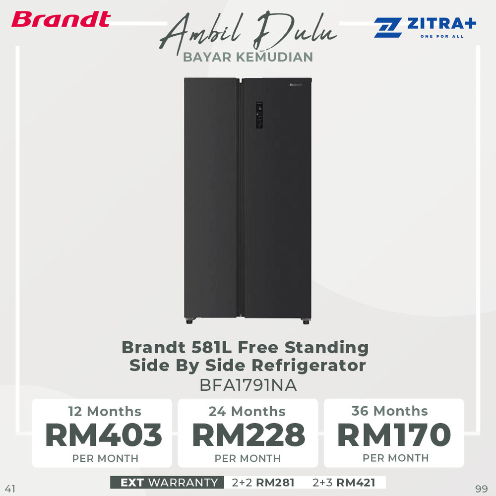 Brandt 581L Free Standing Side By Side Refrigerator BFA1791NA |  External LED Display | Eco Mode | Door Alarm | Refrigerator with 1 Year Warranty