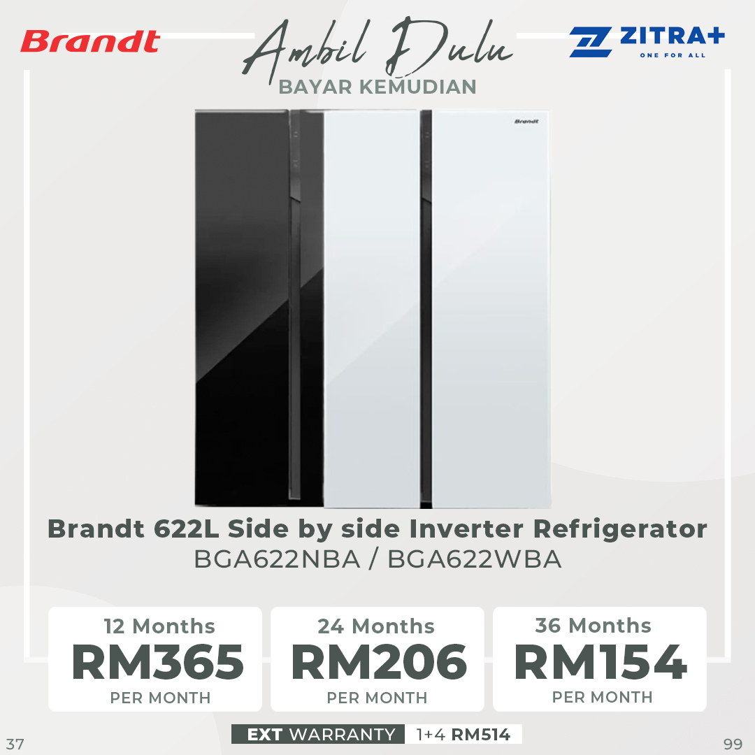 Brandt 622L Side by side Inverter Refrigerator BGA622NBA | Adjustsble Glass Shelves | Door Alarm | Forced - Air | Refrigerator witn 1 Year Warranty