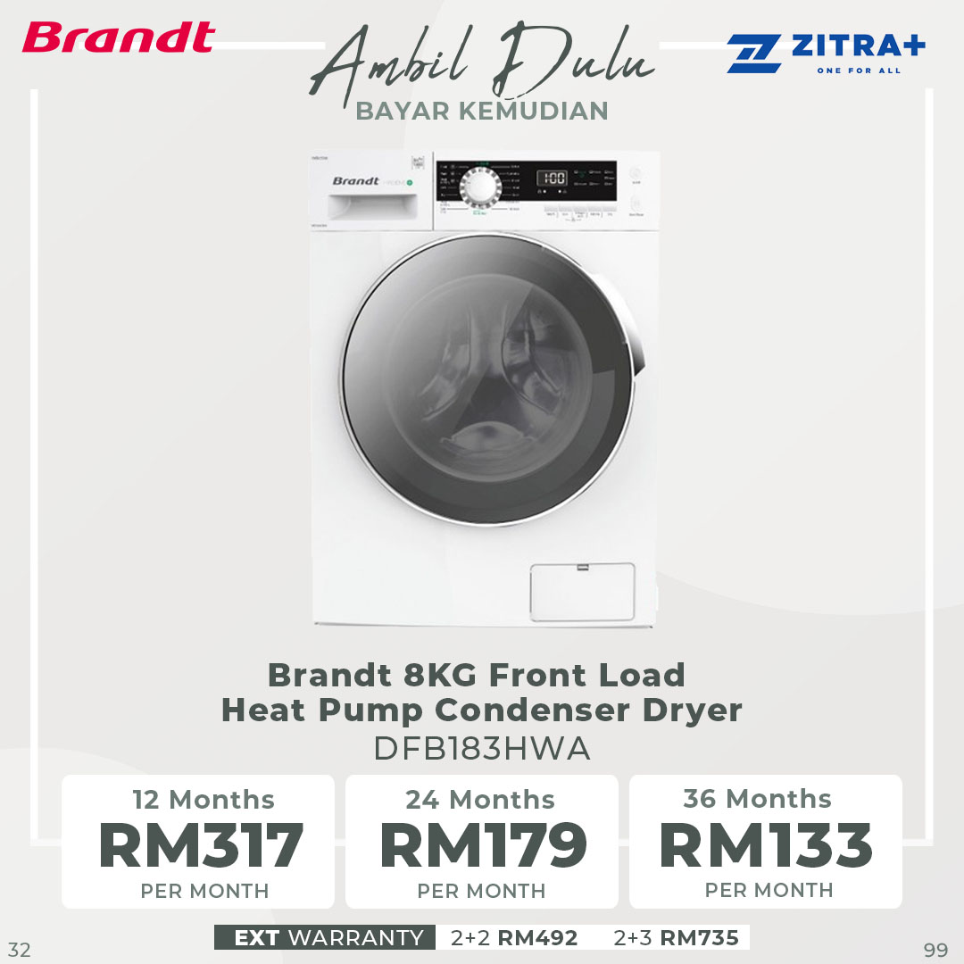 Brandt 8KG Front Load Heat Pump Condenser Dryer DFB183HWA | Anti-crease Function | 17 Drying Programs |  LCD display | Dryer with 1 Year Warranty