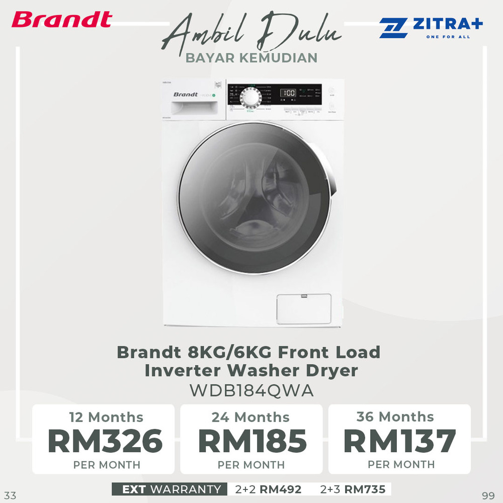 Brandt 8KG/6KG Front Load Inverter Washer Dryer WDB184QWA | Hygiene+ | Drum Clean Function | Up to 24 hours | Washer Dryer with 1 Year Warranty