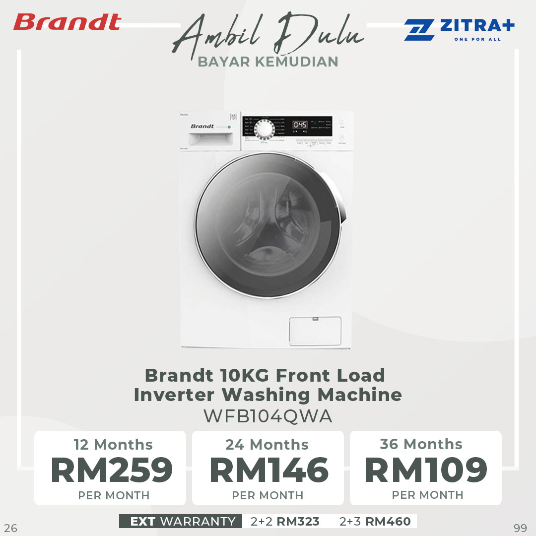 Brandt 10KG/12KG Front Load Inverter Washing Machine WFB104QWA/WFB126QWA | 14 Multi Programs | Anti Detergent Leak | Child Lock | Washing Machine with 1 Year Warranty