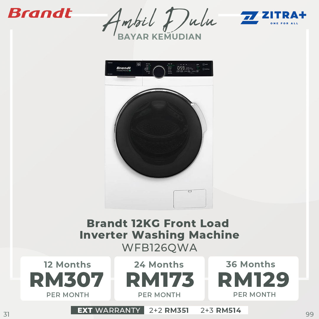 Brandt 10KG/12KG Front Load Inverter Washing Machine WFB104QWA/WFB126QWA | 14 Multi Programs | Anti Detergent Leak | Child Lock | Washing Machine with 1 Year Warranty