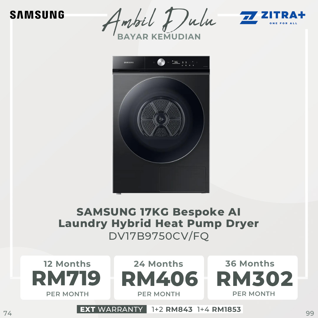 SAMSUNG 17KG Bespoke AI Laundry Hybrid Heat Pump Dryer DV17B9750CV/FQ | AI Control | Hybrid Heat Pump | Large Capacity | 3 Layered Filter System | Dryer with 2 Years Warranty