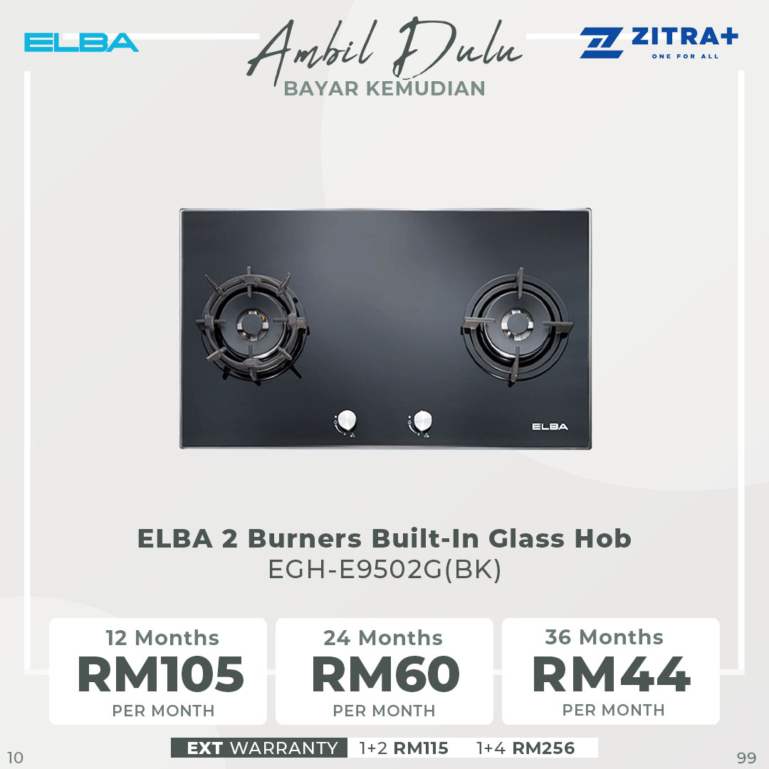 ELBA 2 Burners Built-In Glass Hob EGH-E9502G(BK) | Elegant Design | Safety Valve | Embraced Aluminium Frame Protection | Hob with 1 Year Warranty