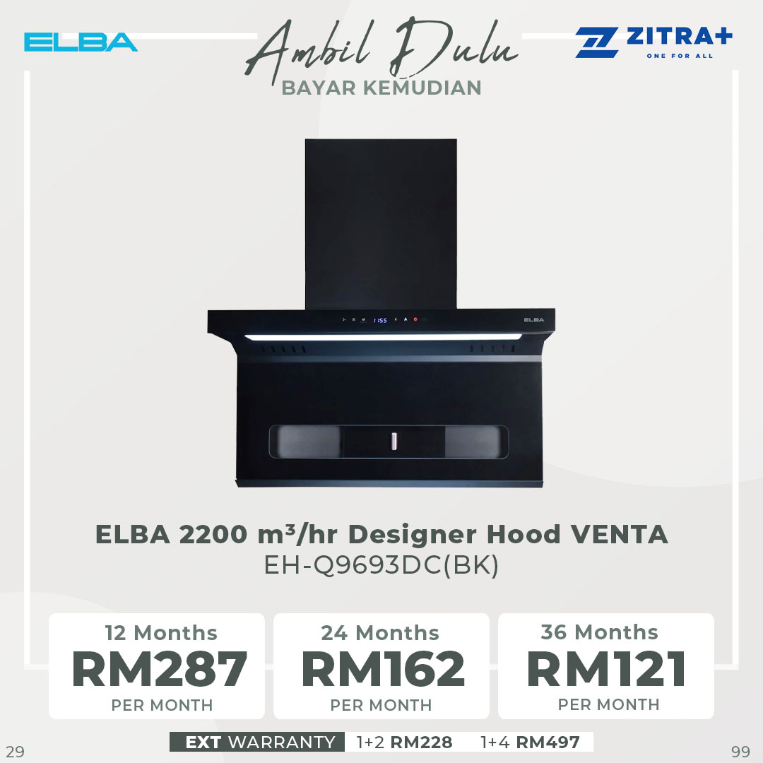 ELBA 2200 m³/hr Designer Hood VENTA EH-Q9693DC(BK) | Premium Stainless Steel Chassis | Air Diverter Function | 3-speed Sensor |  Hood with 1 Year Warranty
