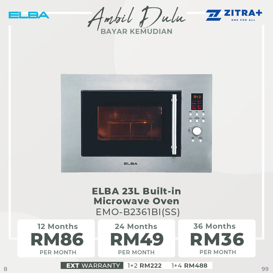 ELBA 23L Built-in Microwave Oven EMO-B2361BI(SS) | Microwave + Electric Oven | 8 Manual Cooking Option | Digital Timer | Key Lock Function | Cooking End Signal | Microwave with 1 Year Warranty