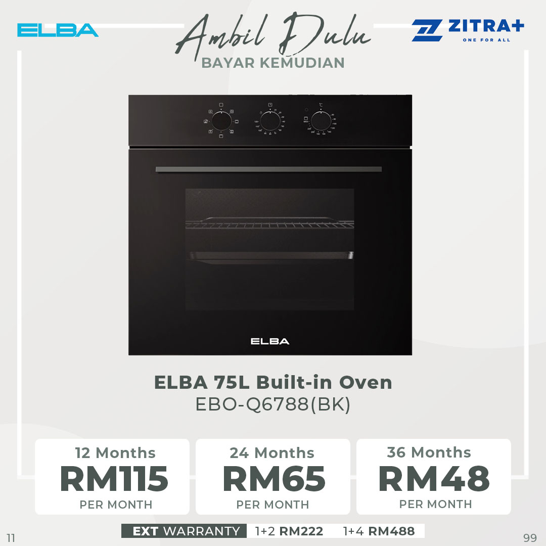 ELBA 75L Built-in Oven EBO-Q6788(BK) | 8 Functions | Temperature Range: 50-250ºC | 4D Heat Circulation Technology | Mechanical Control with Timer | Oven with 1 Year Warranty