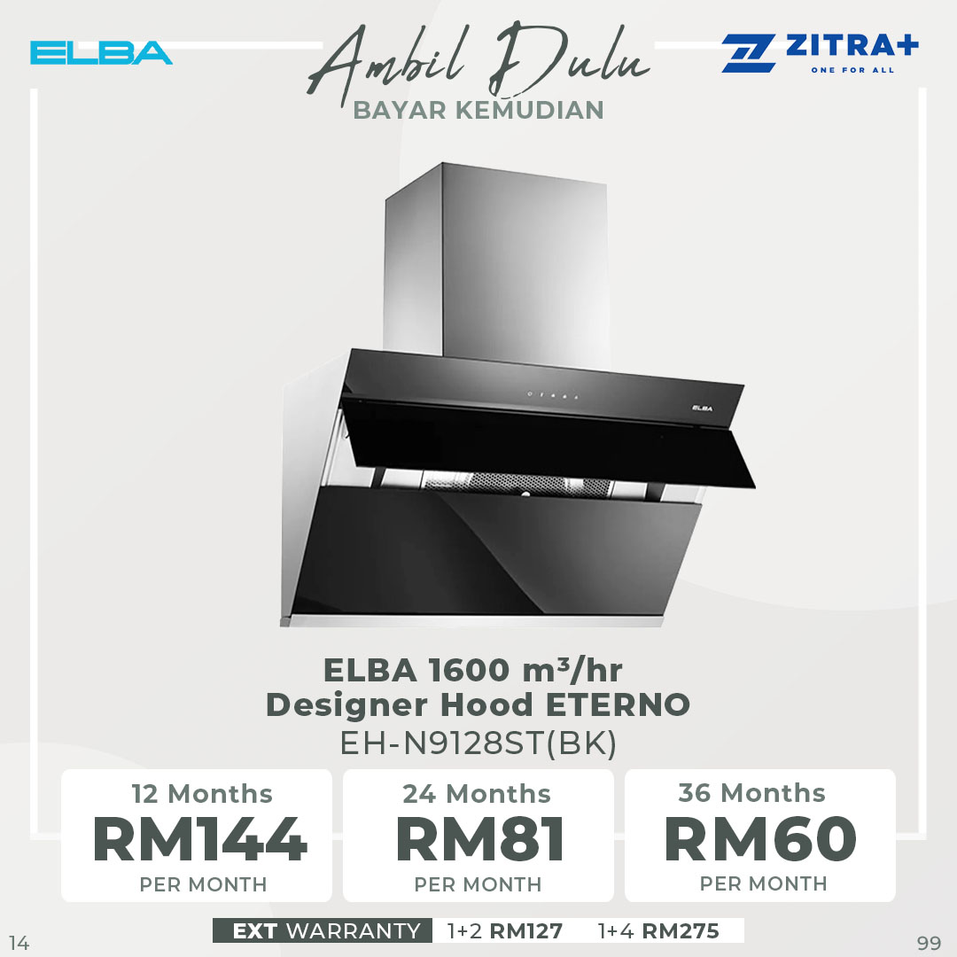 ELBA 1600 m³/hr Designer Hood ETERNO EH-N9128ST(BK) |  3-speed Sensor Touch Control | 40⁰ HYDRAULIC POWERMATIC HINGE OPENING | Premium Stainless Steel Chasis | Hood with 1 Year Warranty