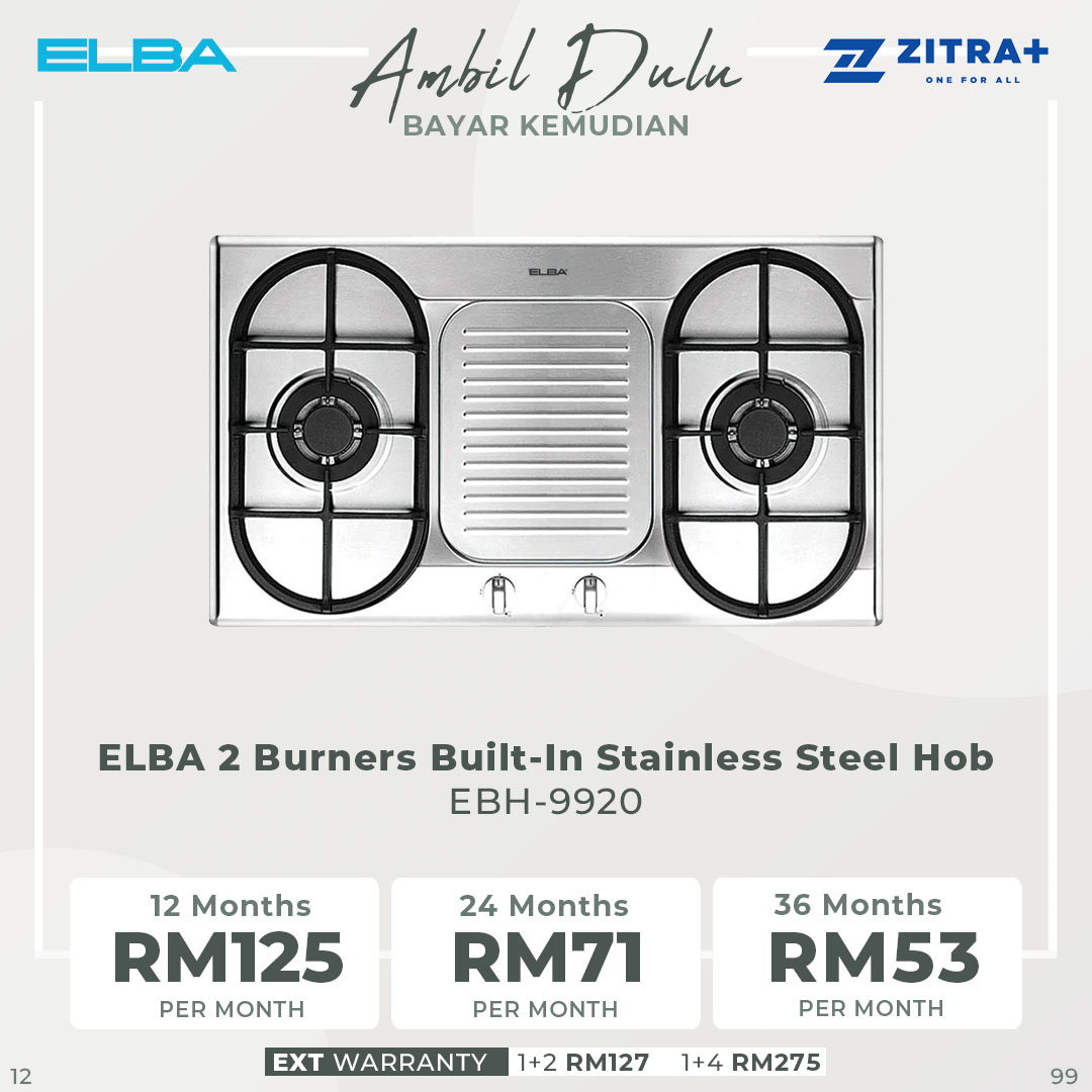 ELBA 2 burners Built-In Stainless Steel Hob EBH-9920 | Original Italian SABAF Burner | Cast Iron Pan Support | Safety Valve | Hob with 1 Year Warranty