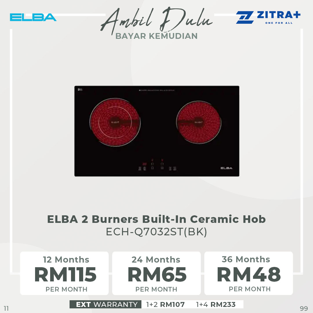 ELBA 2 Burners Built-In Ceramic Hob ECH-Q7032ST(BK) | Dual Cooking Zones | Vulkera Glass | Safety Child Lock | Hob with 1 Year Warranty