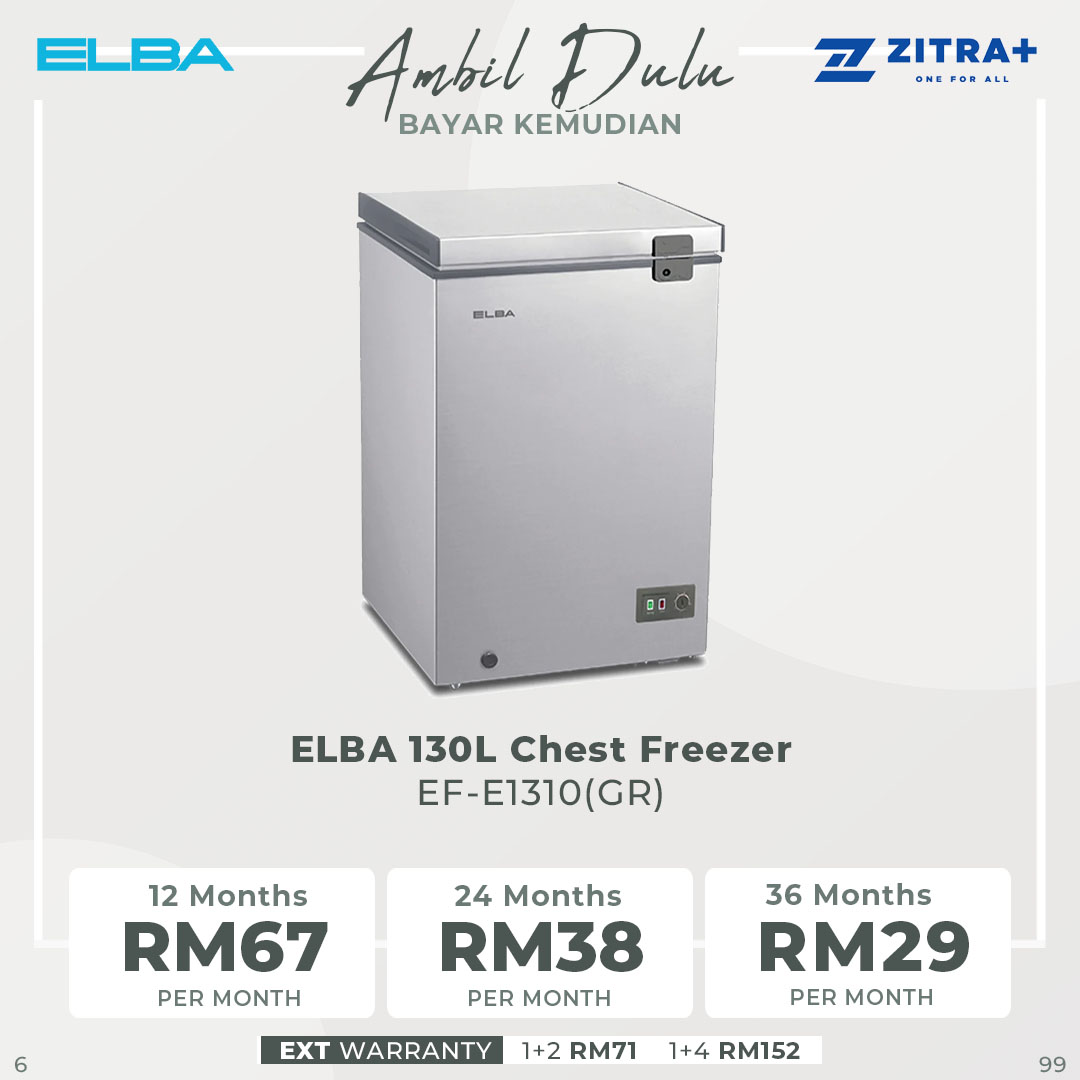 ELBA 130L|190L|260L Chest Freezer EF-E1310(GR)/EF-E1915(GR)/EF-E2620(GR) | R600a | Mechanical Control | Recessed Handle | Safety Lock | Chest Freezer with 1 Year General Warranty & 5 Years Motor Warranty