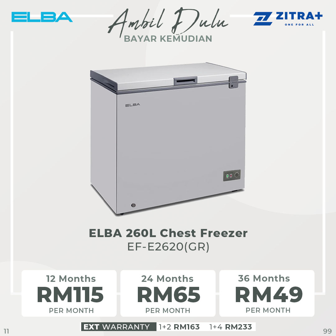 ELBA 130L|190L|260L Chest Freezer EF-E1310(GR)/EF-E1915(GR)/EF-E2620(GR) | R600a | Mechanical Control | Recessed Handle | Safety Lock | Chest Freezer with 1 Year General Warranty & 5 Years Motor Warranty