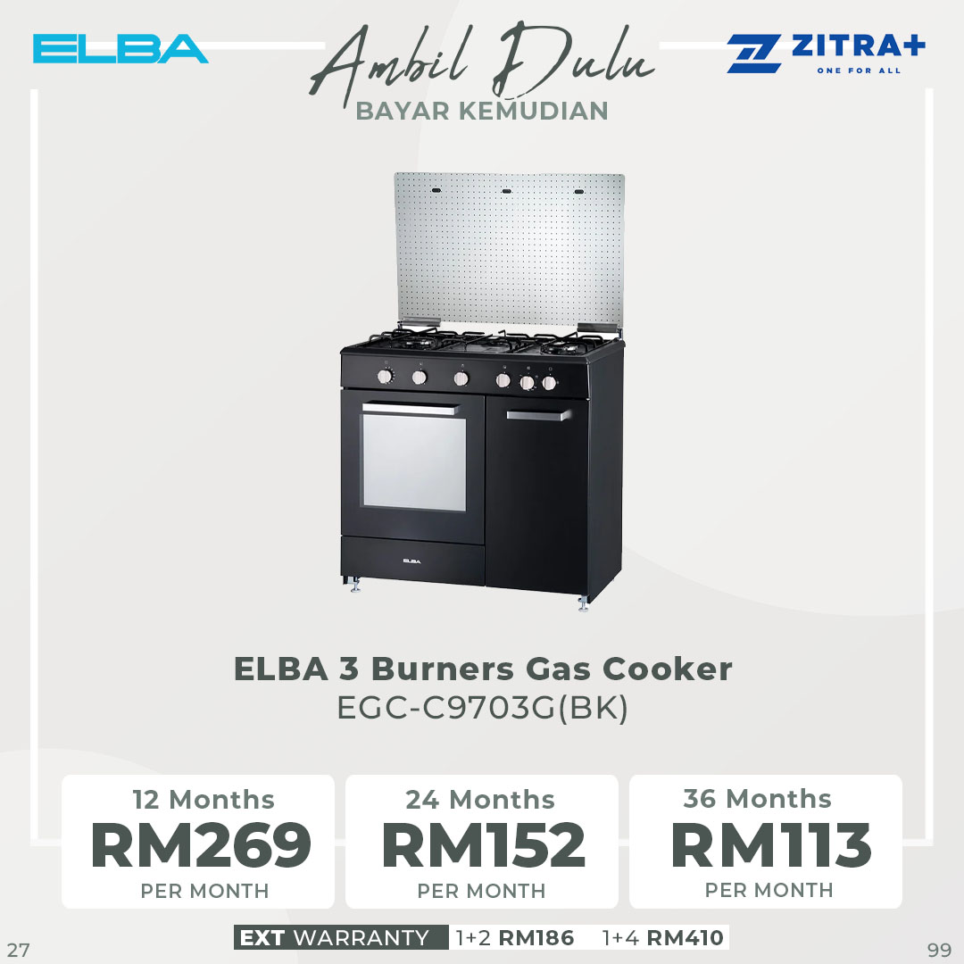 ELBA 2 Burners Gas Cooker EGC-C9703G(BK) | Original Italian SABAF Burner | Safety Valve | Gas Oven | Gas Cooker with 1 Year Warranty