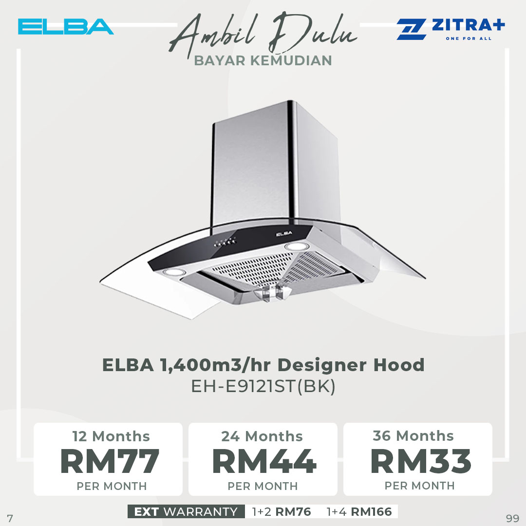 ELBA 1,400m3/hr Designer Hood EH-J9088(SS) | 3-speed Selection | Push Button Control | LED Lamp | Hood with 1 Year General Warranty & 5 Years Motor Warranty