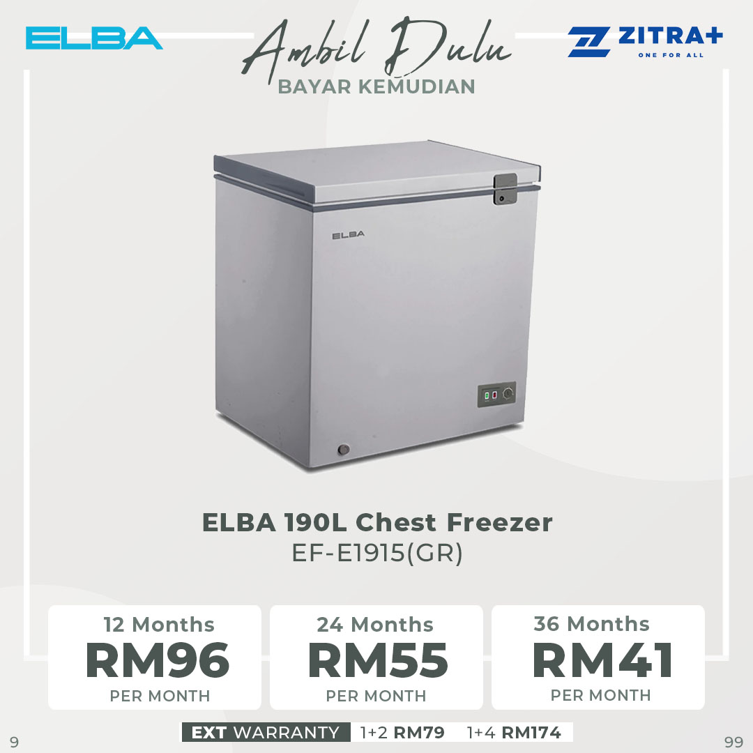 ELBA 130L|190L|260L Chest Freezer EF-E1310(GR)/EF-E1915(GR)/EF-E2620(GR) | R600a | Mechanical Control | Recessed Handle | Safety Lock | Chest Freezer with 1 Year General Warranty & 5 Years Motor Warranty
