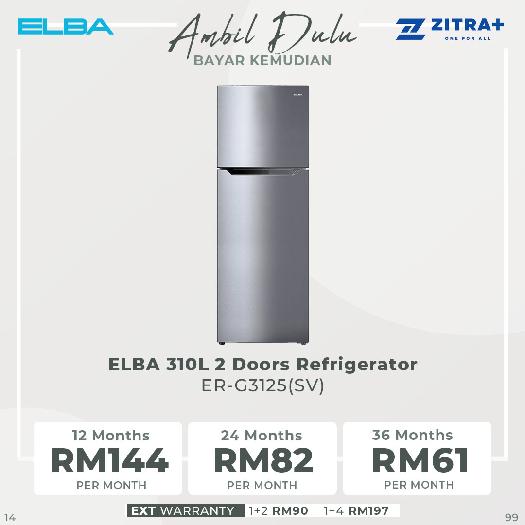 ELBA 250L/310L/350L 2 Doors Refrigerator ER-G2521(SV)/ER-G3125(SV)/ER-G3529(SV) | R600a | Recessed Handle | Adjustable Shelves | Refrigerator with 1 Year General Warranty & Compressor with 10 Years Warranty