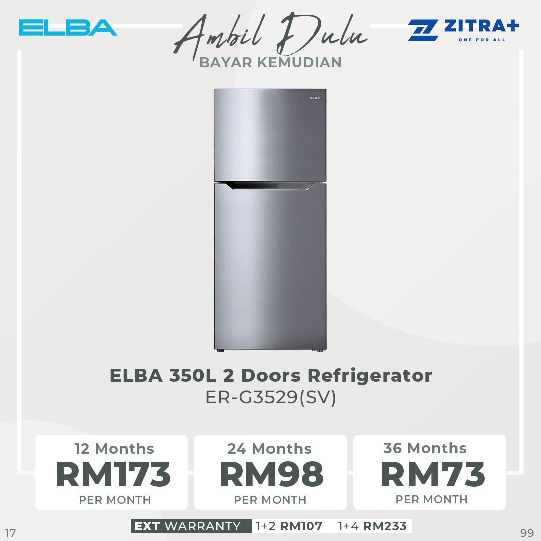 ELBA 250L/310L/350L 2 Doors Refrigerator ER-G2521(SV)/ER-G3125(SV)/ER-G3529(SV) | R600a | Recessed Handle | Adjustable Shelves | Refrigerator with 1 Year General Warranty & Compressor with 10 Years Warranty