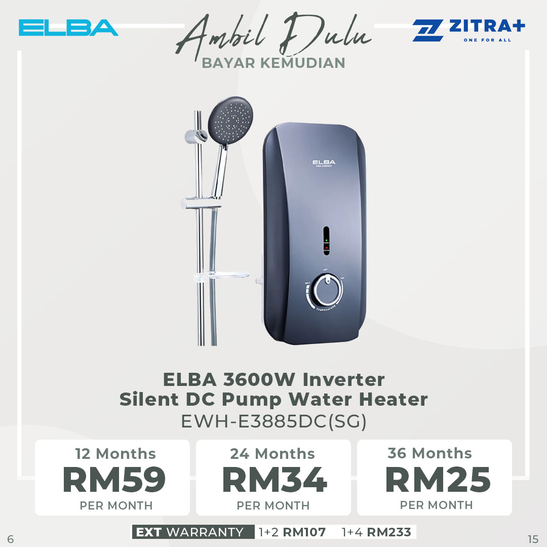 ELBA 3600W Inverter Silent DC Pump Water Heater EWH-E3885DC(SG) | Inverter Silent DC Pump | Built-in Auto Water Flow Switch | Splash Proof Protection | 1 Year General  & 7 Year Heating Element & 10 Year On Anti Leakage & 5 Year Motor Warranty
