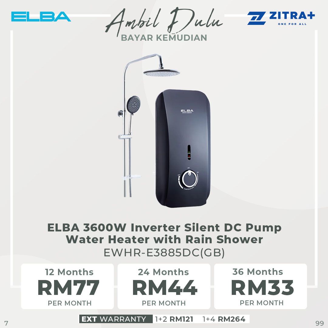 ELBA 3600W DC Pump Water Heater EWHR-E3885DC(GB) | With Rain Shower Accessories | 3-spray Pattern Hand Shower | Energy Saving Up To 60% | Water Heater with 1 Year Warranty