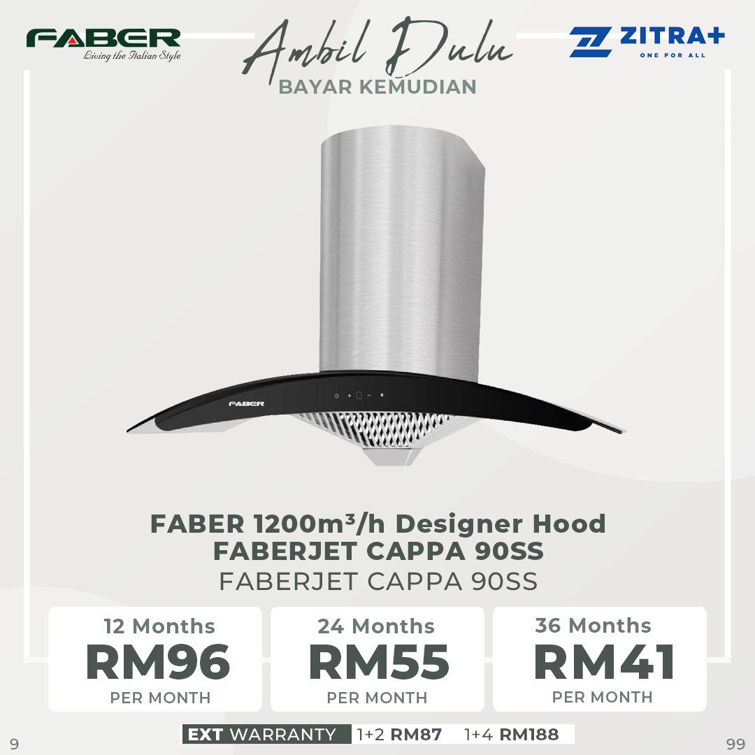 FABER 1200m³/h Designer Hood FABERJET CAPPA 90SS | Touch Control with Digital Panel | 3 Speed Fan Control | Delay Timer | Build-in Hood with 1 Year Warranty