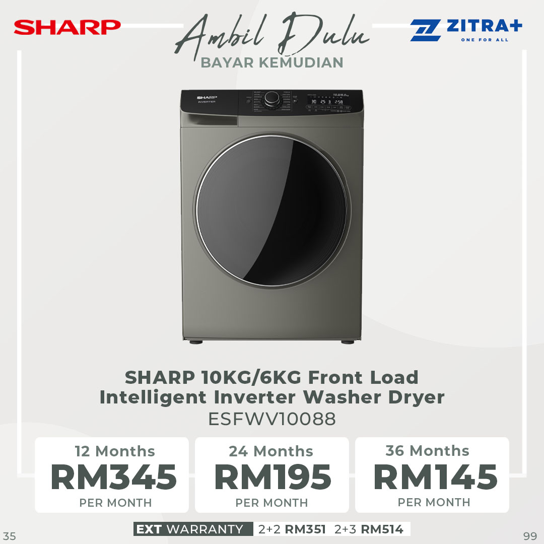 SHARP 10KG/6KG Front Load Intelligent Inverter Washer Dryer Gold ESFWV10088  | Quick Wash | Child Lock | Heat Wash | Tub Clean | Washer Dryer with 2 Year Warranty