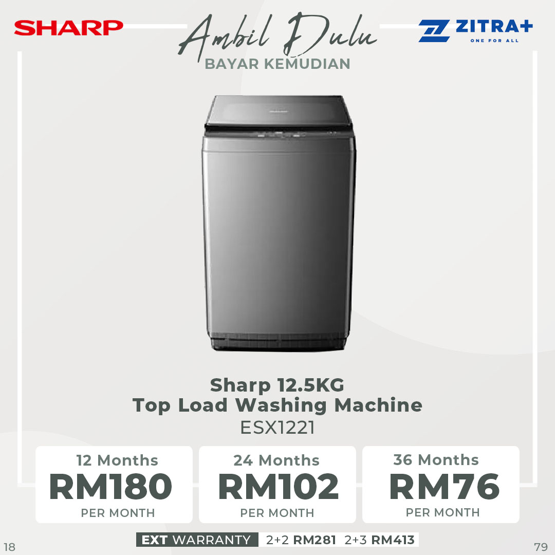 SHARP 12.5KG Top Load Fully Auto Washing Machine ESX1221 | Fuzzy Control | Intelligent Water Fall System | Smart Filter | Soft-Close Tempered Glass | Stainless Steel Drum | Washing Machine with 2 Years General Warranty & 10 Years Motor Warranty