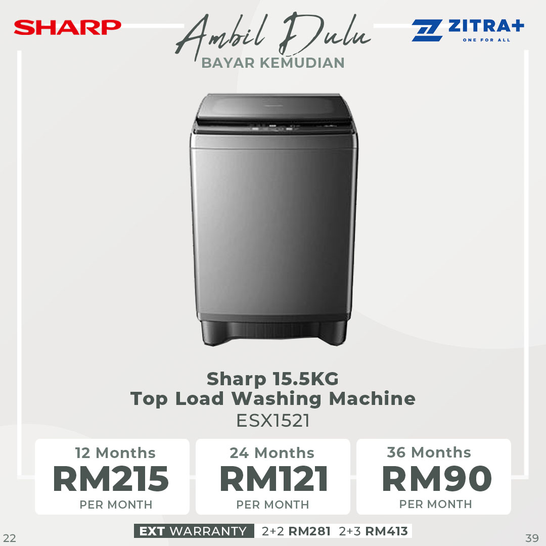 SHARP 15.5KG Top Load Fully Auto Washing Machine ESX1521 | Fuzzy Control | Intelligent Water Fall System | Smart Filter | Soft-Close Tempered Glass | Washing Machine with 2 Years General Warranty & 10 Years Motor Warranty