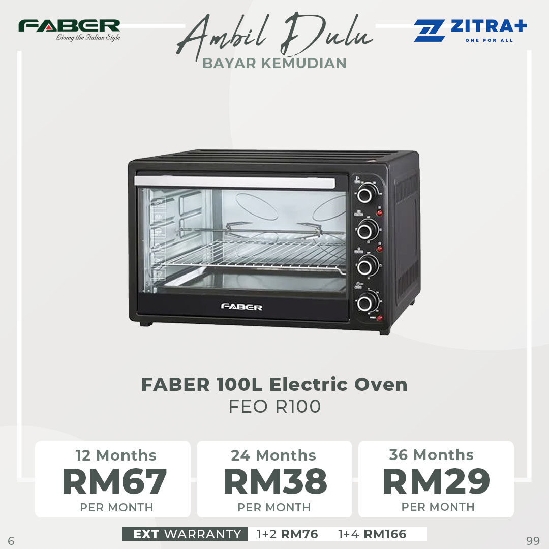 FABER 100L Electric Oven FEO R100 | 2200W | 6 Stages Function Selector Switch | Convection Function | 100 - 250 Degree Temperature Control | 60 minute Timer with Bell Ring | Oven with 1 Year Warranty