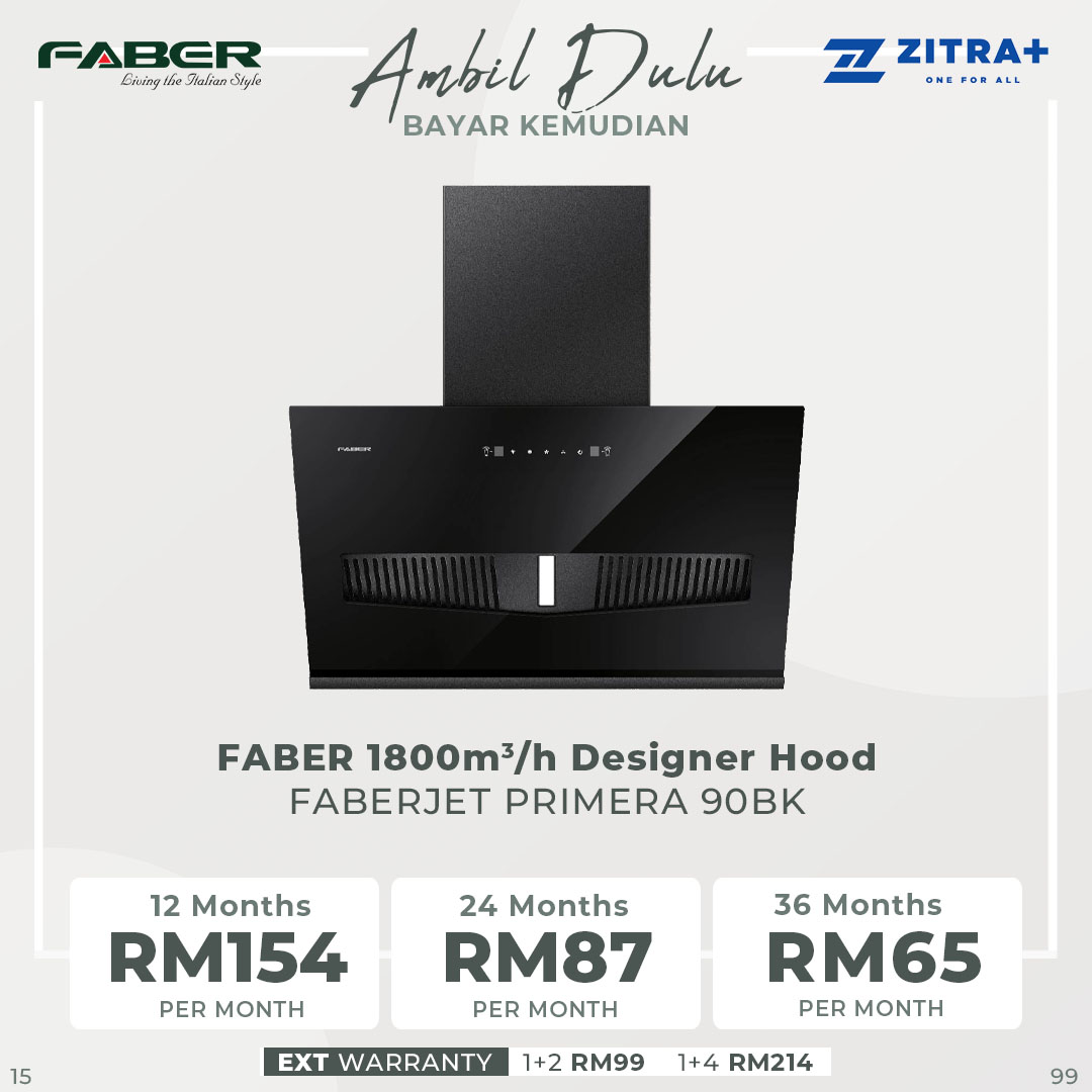 FABER 1800m3/h Designer Hood FABERJET PRIMERA 90BK | Tempered Glass Surface | Turbo Speed Function | Auto Heat Cleaning | Hand Wave Control | Cooker Hood with 1 Year Manufacture