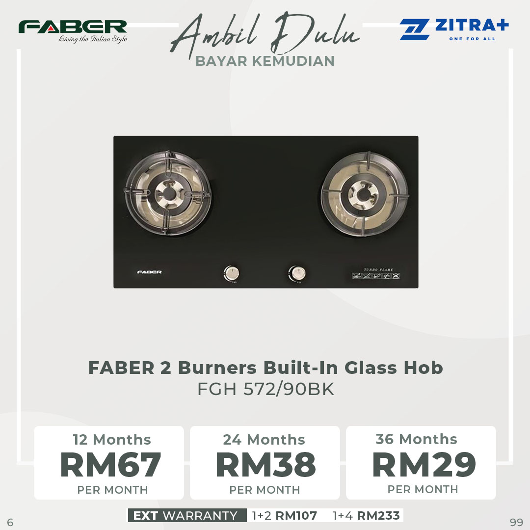 FABER 2 Burners Built-In Glass Hob FGH 572/90BK  | Premium Tempered Glass | Battery Operated Ignition | Easy Cleaning Design | Safety Device | 2 Burners with 1 Year Warranty