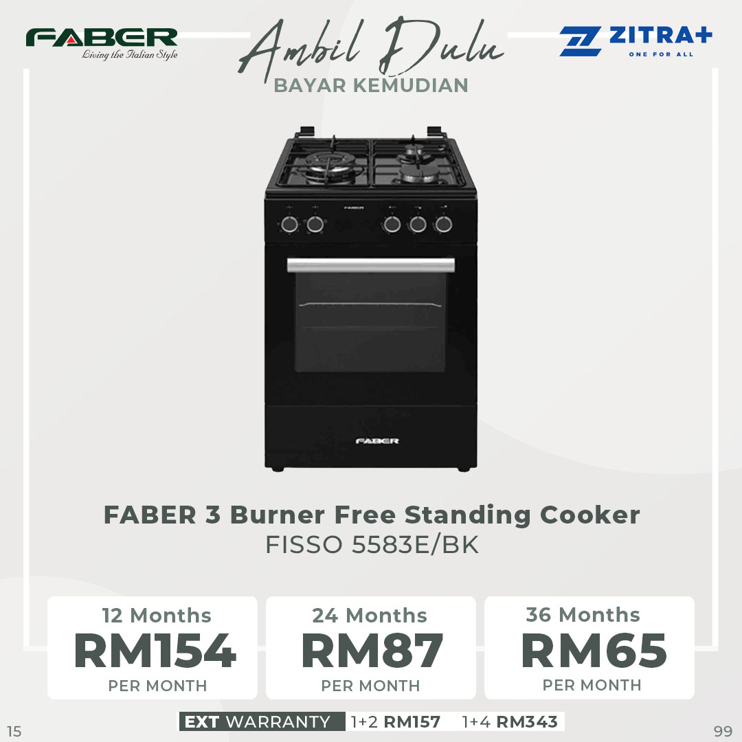 FABER 3 Burner Free Standing Cooker FISSO 5583E/BK | Full Electric Oven with 5 Functions | Auto ignition Hobs | Enamel Pan Support | Cooker Hob with 1 Year Warranty