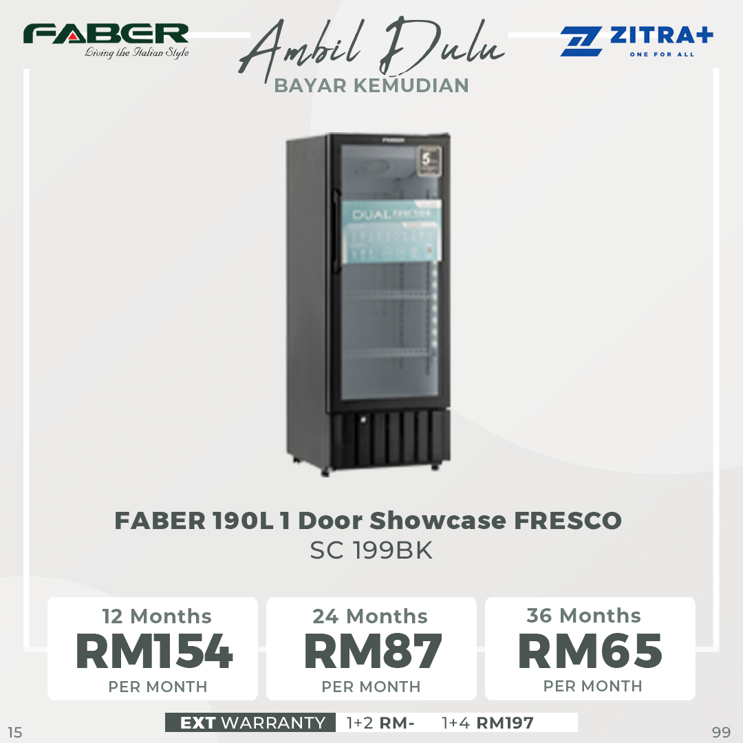 FABER 190L/240L/280L 1 Door Showcase FRESCO SC 199BK/SC 249BK/SC 299BK | Front Door Blower | Tempered Glass Door
