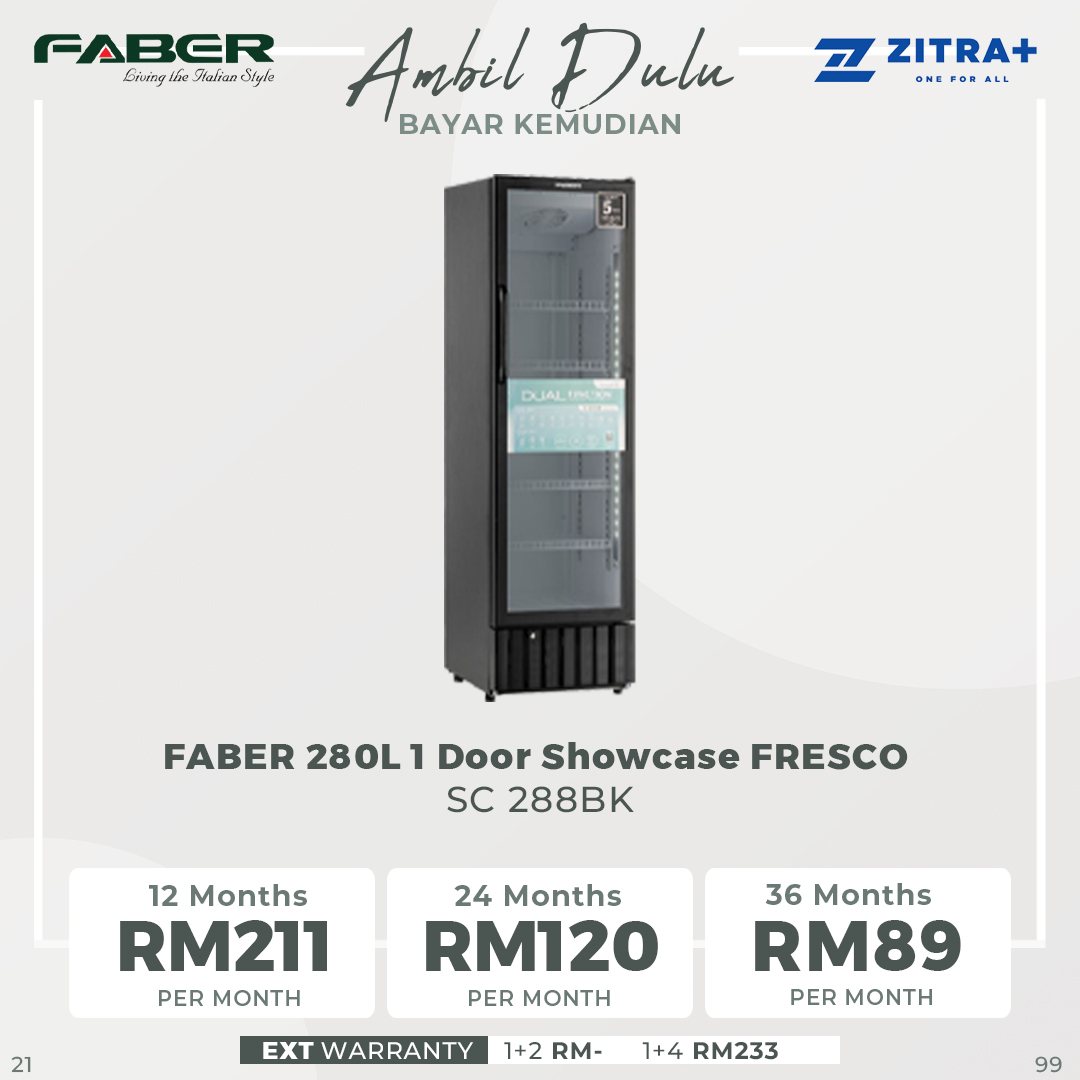 FABER 190L/240L/280L 1 Door Showcase FRESCO SC 199BK/SC 249BK/SC 299BK | Front Door Blower | Tempered Glass Door