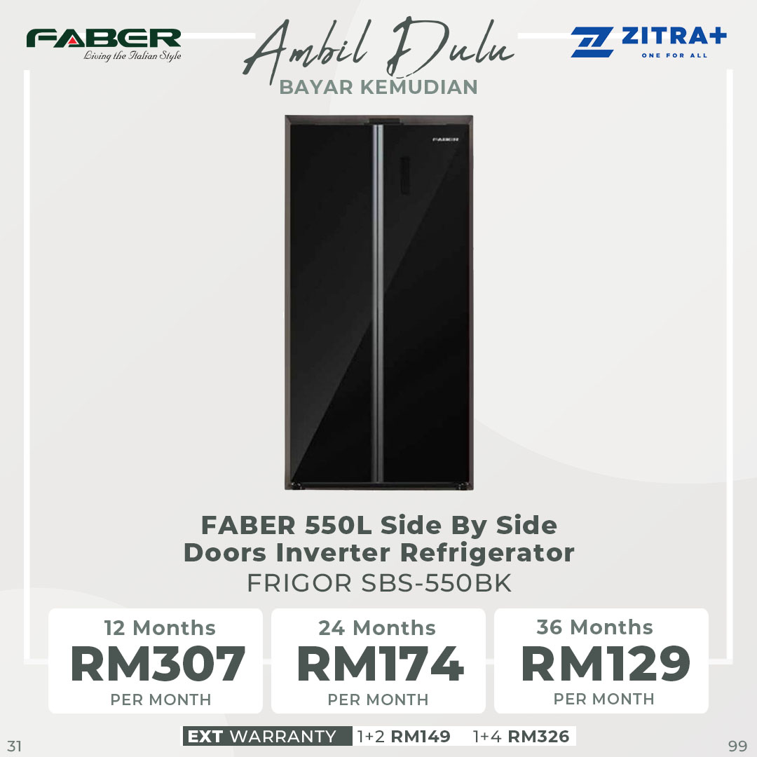 FABER 550L Side By Side Doors Inverter Refrigerator FRIGOR SBS-550BK | Climate Class : T | Inverter | Digital Panel | Recessed Handle | Refrigerator with 1 Year General & 5 Years Motor Warranty